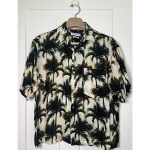 OVERLOVER Linen Top Size‎ Medium Tropical Tree Dark Green Shirt
